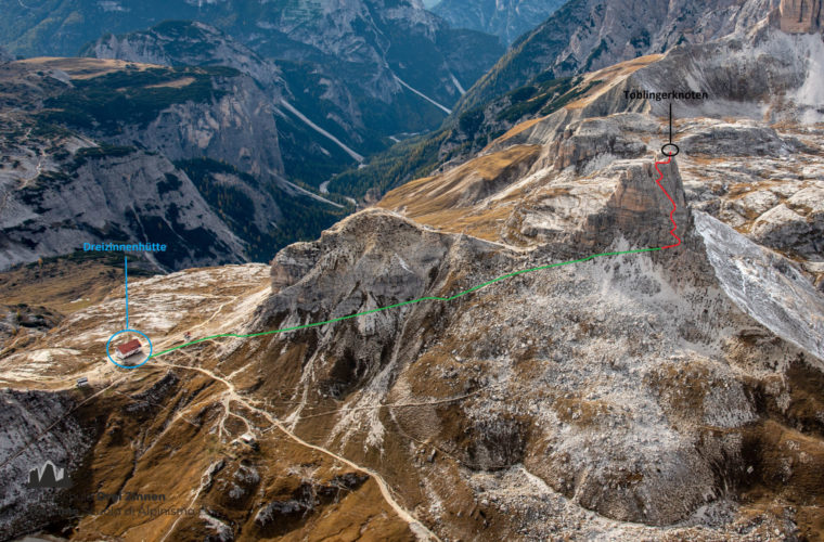 Topo Toblinger Knoten - relazione Torre di Toblin - Alpinschule Drei Zinnen Dolomiten